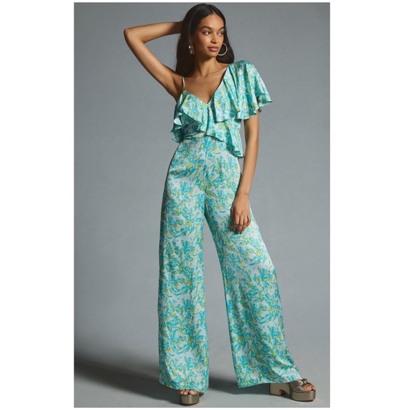 New Anthropologie Corey Lynn Calter Silky Ruffle Wide-Leg Jumpsuit Small Petite - Picture 1 of 6